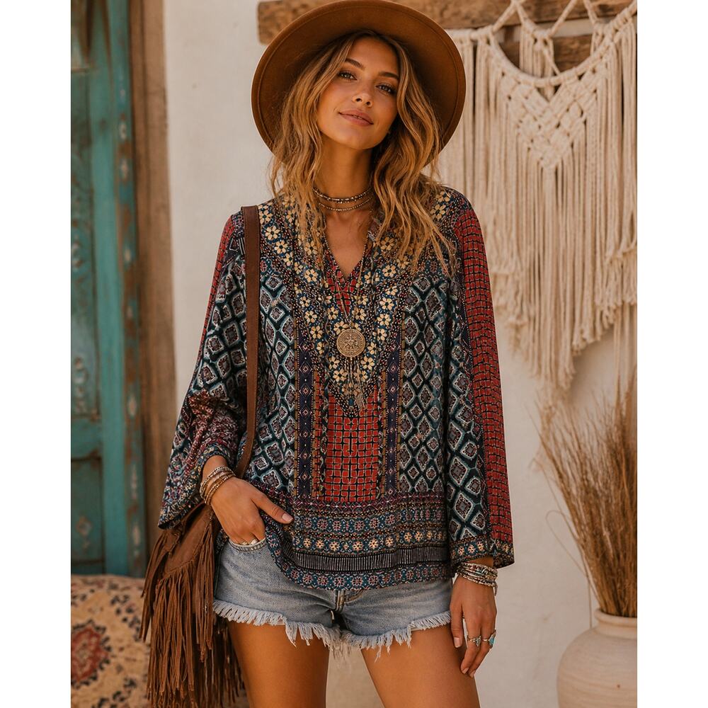 Tolani Boho Patchwork Blouse Tunic Floral Ethnic Top Size L